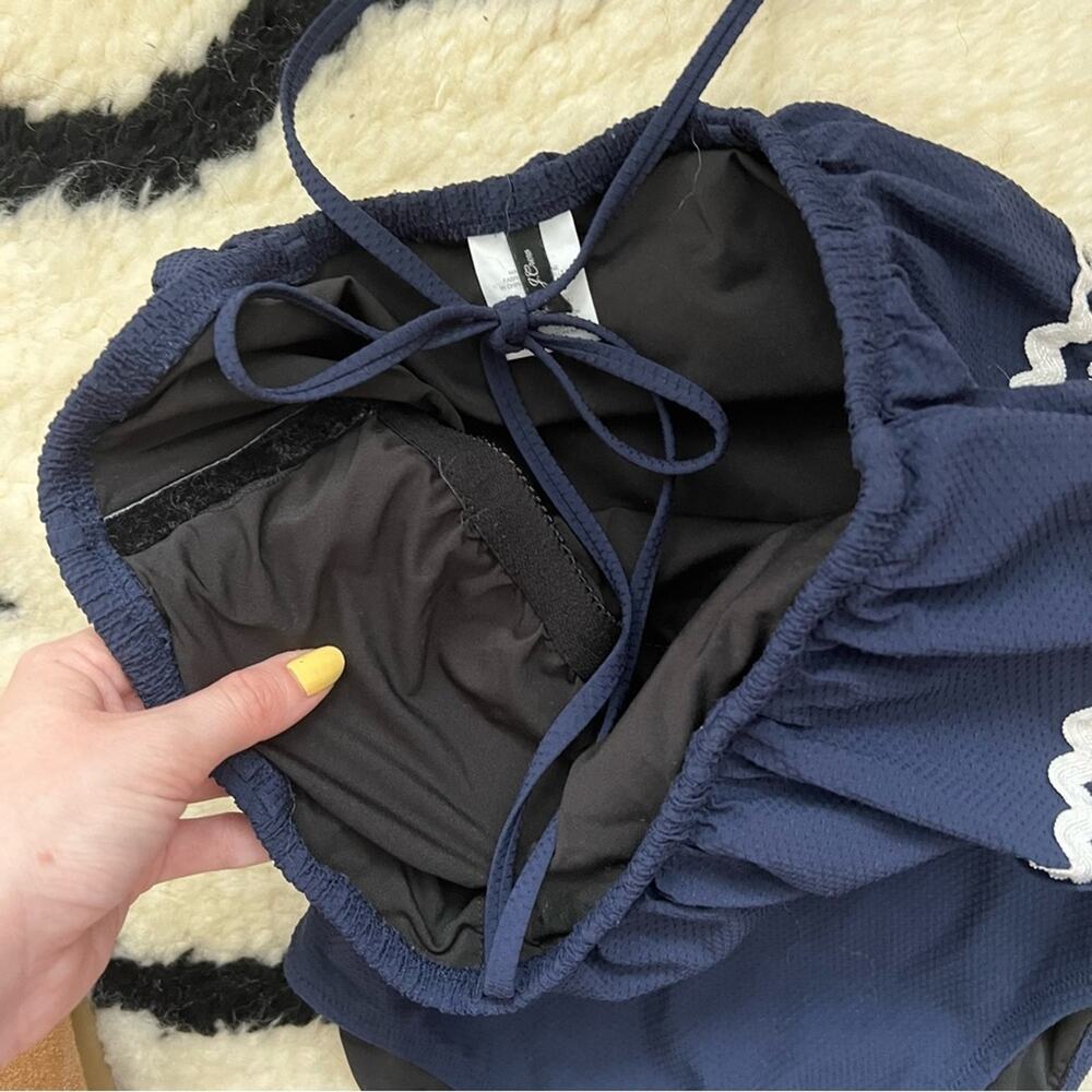J. Crew Navy Halter Ric Rac Ruffle One Piece Swimsuit - Picture 4 of 7